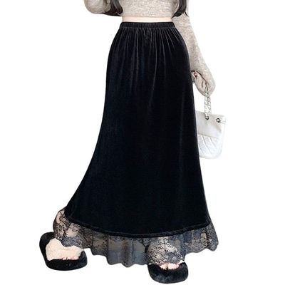 chouyatou Women's Elegant Velvet Mermaid Maxi Skirt High Waist Lace Hem A-Line Swing Long Skirt (Large, Black)