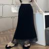 chouyatou Women's Elegant Velvet Mermaid Maxi Skirt High Waist Lace Hem A-Line Swing Long Skirt (Large, Black) view 3