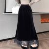chouyatou Women's Elegant Velvet Mermaid Maxi Skirt High Waist Lace Hem A-Line Swing Long Skirt (Large, Black) view 4