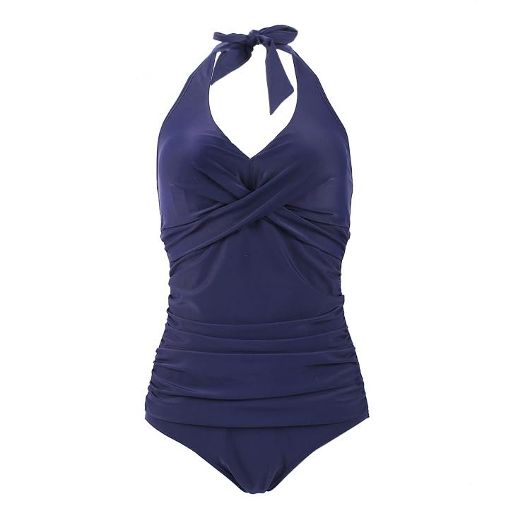 Women's One Piece Crossover Swimsuit, High Waisted Tummy Control, Ruched Halter Push Up (US, Alpha, Medium, Regular, Regular, Royal Blue)