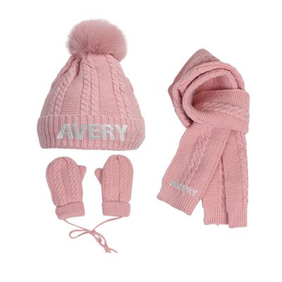 Personalized Baby Beanie Mittens Scarf Set,Costume Toddler Kids Winter Embroider Hat and Thermal Gloves Neck Warmer Set for Girls Boys-Pink
