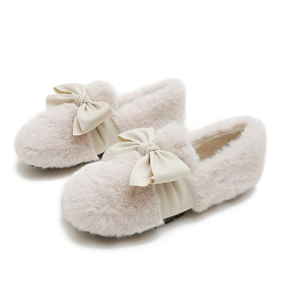 CPMBFDC Women's Plush House Slippers Warm Faux Fur Comfortable Indoor Outdoor Slip-On Loafers Ballet Flats Women's Fuzzy Loafers (White,5)