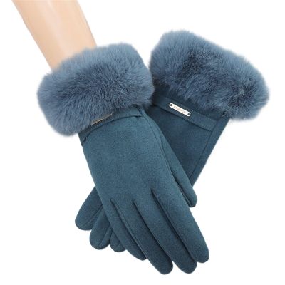 Women Touch Screen Warm Gloves Winter Thick Fleece Lining Windproof Warm Gloves Fur Cuff Cycling Mittens(Blue)