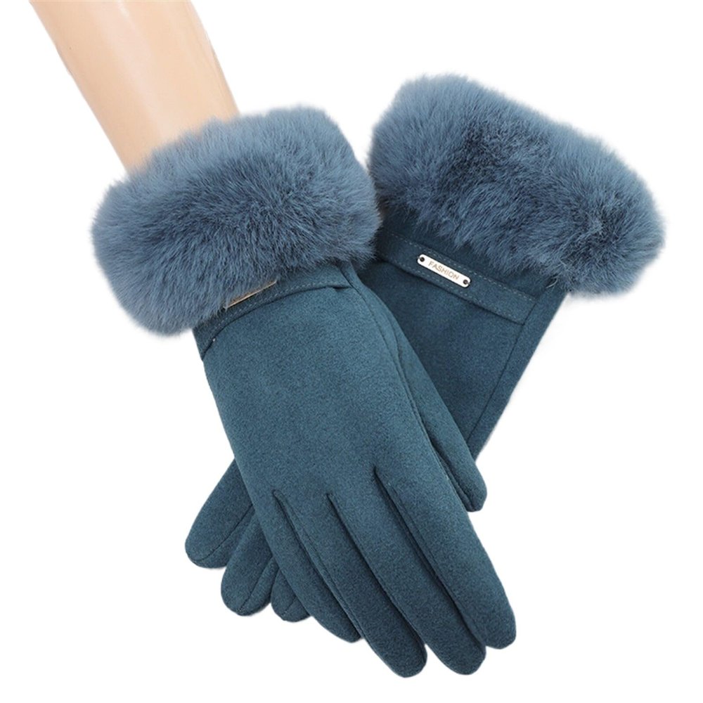 Women Touch Screen Warm Gloves Winter Thick Fleece Lining Windproof Warm Gloves Fur Cuff Cycling Mittens(Blue)
