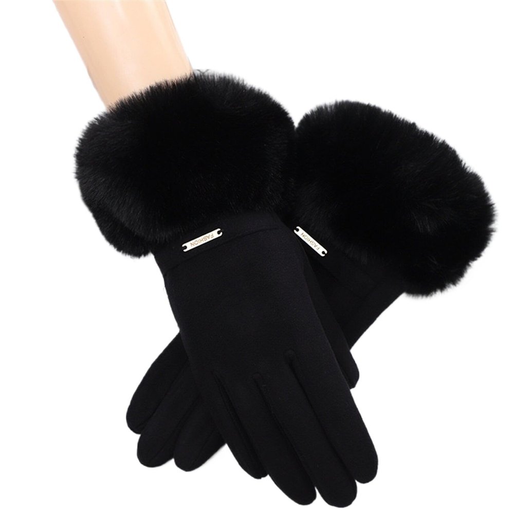 Women Touch Screen Warm Gloves Winter Thick Fleece Lining Windproof Warm Gloves Fur Cuff Cycling Mittens(black)