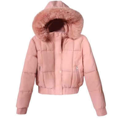 Women's Winter Puffer Jacket Faux Fur Hood Quilted Zip Long Sleeve Jacket Lightweight Thermal Down Jacket with Pocket Pink