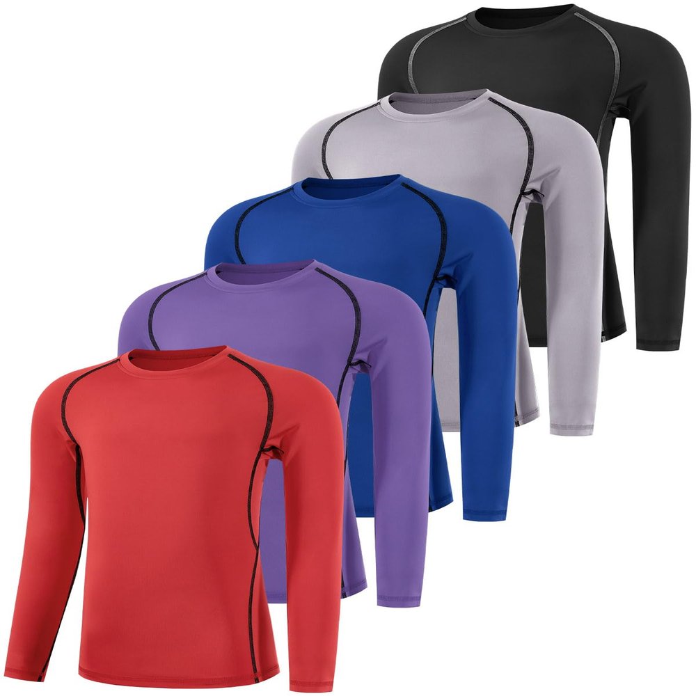ATTIQOZI Boys' Compression Shirts Youth Long Sleeve Football Baseball Undershirt Sports Quick Dry Athletic Baselayer 4,5,6 Pack Bl/Gr/Dark Blue/Purple/Red S