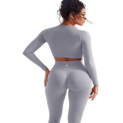 SUUKSESS Women 2 Piece Workout Sets Hidden Scrunch Hip Lifting Seamless Leggings Long Sleeve Yoga Crop Tops High Waisted Yoga Pants Tracksuits (Washed Blue, XS)