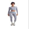 SUUKSESS Women 2 Piece Workout Sets Hidden Scrunch Hip Lifting Seamless Leggings Long Sleeve Yoga Crop Tops High Waisted Yoga Pants Tracksuits (Washed Blue, XS) view 2