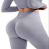 SUUKSESS Women 2 Piece Workout Sets Hidden Scrunch Hip Lifting Seamless Leggings Long Sleeve Yoga Crop Tops High Waisted Yoga Pants Tracksuits (Washed Blue, XS) view 4