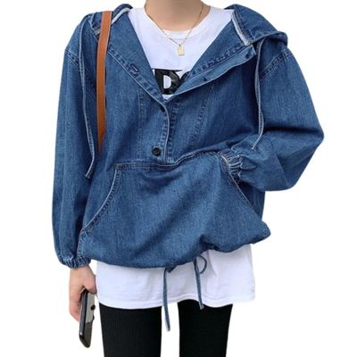 chouyatou Women Hooded 1/2 Button Down Pullover Denim Jacket Hoodie Boyfriend Casual Jean Sweatshirt Top (X-Small,Dark Blue)