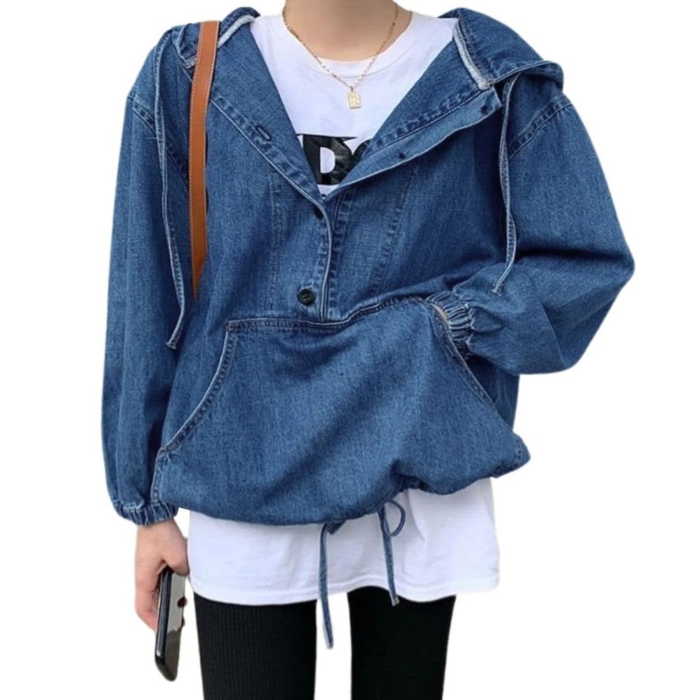 chouyatou Women Hooded 1/2 Button Down Pullover Denim Jacket Hoodie Boyfriend Casual Jean Sweatshirt Top (X-Small,Dark Blue)