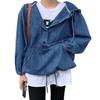 chouyatou Women Hooded 1/2 Button Down Pullover Denim Jacket Hoodie Boyfriend Casual Jean Sweatshirt Top (X-Small,Dark Blue)