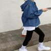 chouyatou Women Hooded 1/2 Button Down Pullover Denim Jacket Hoodie Boyfriend Casual Jean Sweatshirt Top (X-Small,Dark Blue) view 2