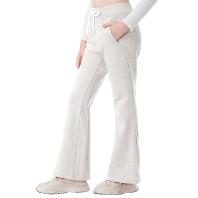 Rolanko Girls Flare Sweatpants Elastic Waist Bell Bottom Wide Leg Pants for Kids Sweats with Pockets (WhiteGrey, 6-7)