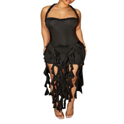 Aro Lora Womens Sexy Halter Neck Sleeveless Ruffle Tassel Party Club Bodycon Mini Dress Medium Black