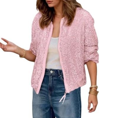 Sparkly Sequin Jacket for Women Glitter Long Sleeve Zipper Lightweight Cropped Jacket Fall Winter Casual Bomber Jackets