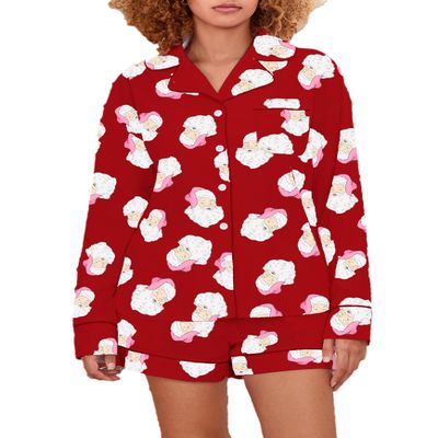 NUFIWI Women Christmas Pajamas Pjs Set Cute Santa Colorful Pj Long Sleeve Shirt Lounge Shorts 2 Piece Holiday Sleepwear(Santa Claus Pj Red,S)