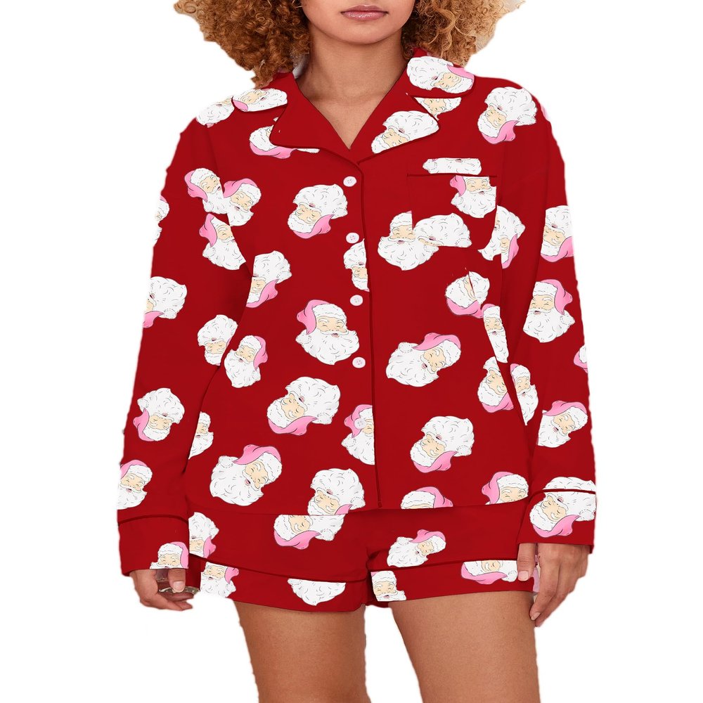 NUFIWI Women Christmas Pajamas Pjs Set Cute Santa Colorful Pj Long Sleeve Shirt Lounge Shorts 2 Piece Holiday Sleepwear(Santa Claus Pj Red,S)
