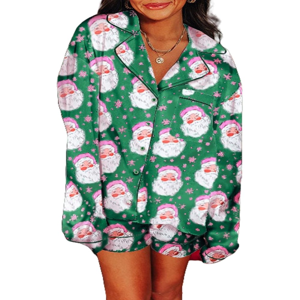 NUFIWI Women Christmas Pajamas Pjs Set Cute Santa Colorful Pj Long Sleeve Shirt Lounge Shorts 2 Piece Holiday Sleepwear(Cute Santa Claus Fun,M)