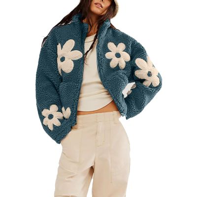Uillui Womens Fashion Winter Faux Fur Coats Fleece Zip up Sherpa Floral Jackets Oversized Trendy Warm Faux Shearling Coats