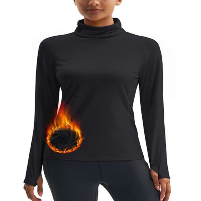 MAGCOMSEN Winter Running Gear for Women Long Sleeve Shirt Thermal Underwear Fleece Turtleneck Tops Base Layer Black L