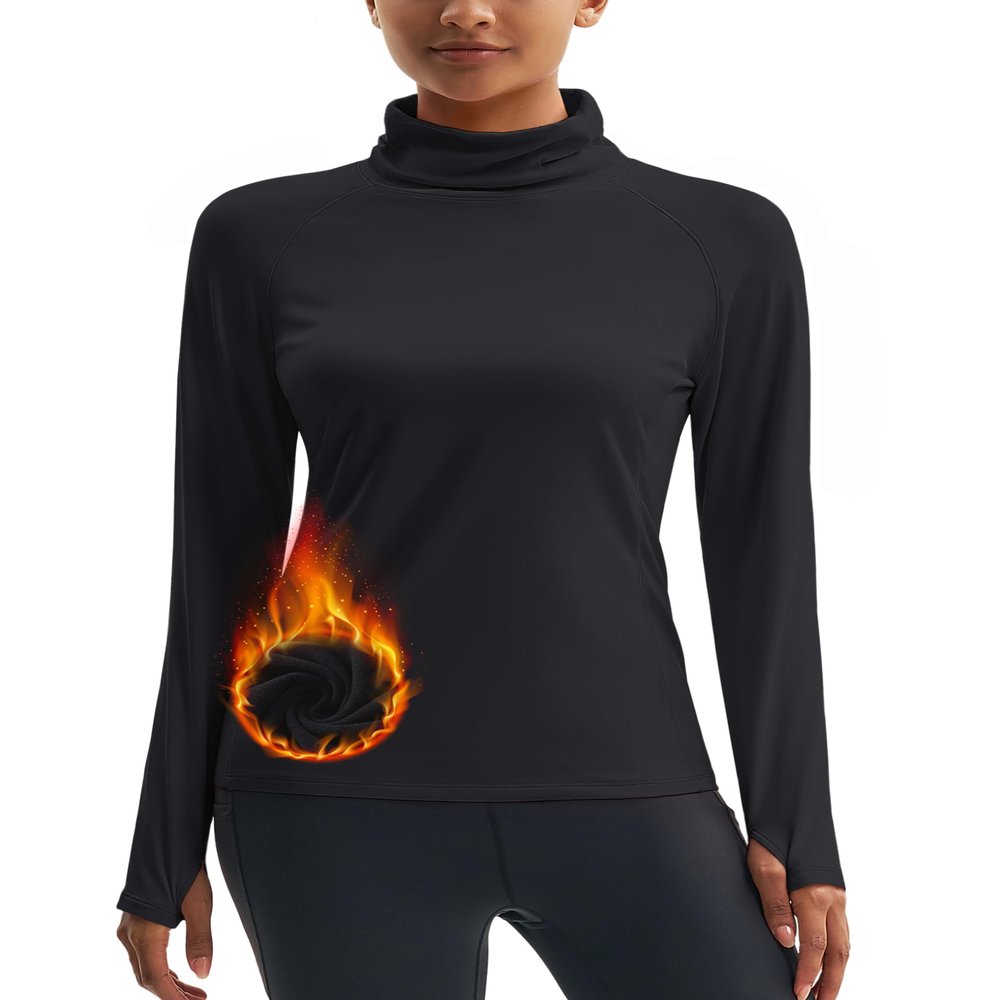 MAGCOMSEN Winter Running Gear for Women Long Sleeve Shirt Thermal Underwear Fleece Turtleneck Tops Base Layer Black L