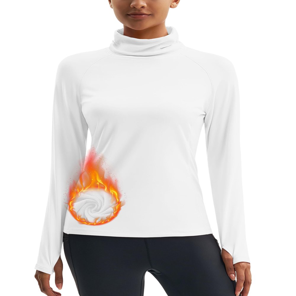 MAGCOMSEN Fleece Lined Tops for Women White Thermal Long Sleeve Shirts Turtle Necks Athletic Ski Base Layers White L