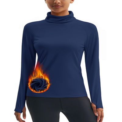 MAGCOMSEN Thermal Turtleneck Women Long Sleeve Underwear Fleece Lined Shirt Dry Fit Workout Top with Thumb Hole Navy L
