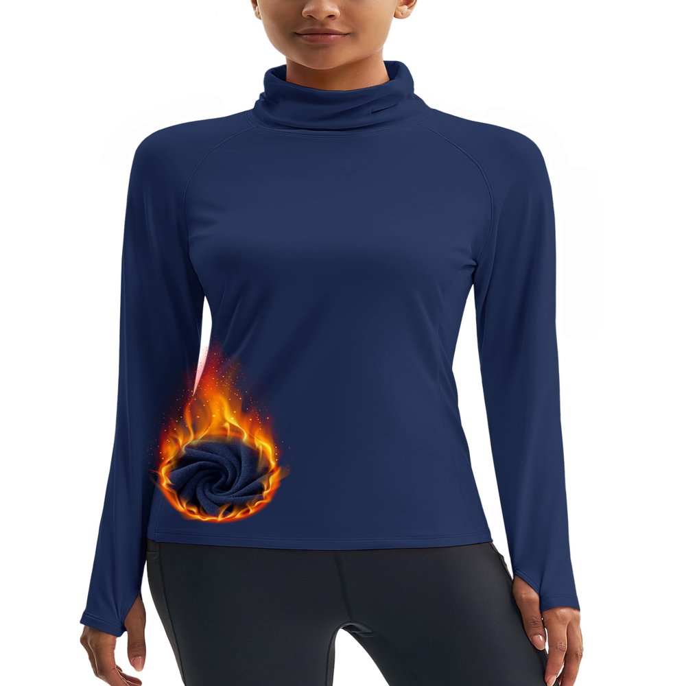 MAGCOMSEN Thermal Turtleneck Women Long Sleeve Underwear Fleece Lined Shirt Dry Fit Workout Top with Thumb Hole Navy L