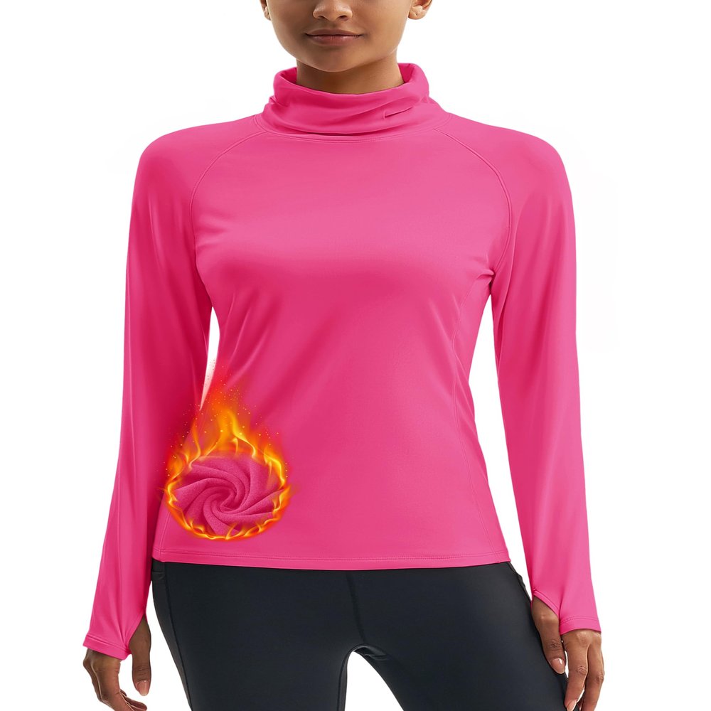 MAGCOMSEN Womens Undershirts Long Sleeve Thermal Shirt Fleece Pullover Athletic Hiking Tops Ski Base Layer Rose Red S