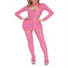 Agoky Women Latex Bodysuit Leather Mini Dress Metallic Shiny Bodycon Clubwear Dress with Stockings Hot Pink S-M view 2