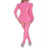 Agoky Women Latex Bodysuit Leather Mini Dress Metallic Shiny Bodycon Clubwear Dress with Stockings Hot Pink S-M view 4