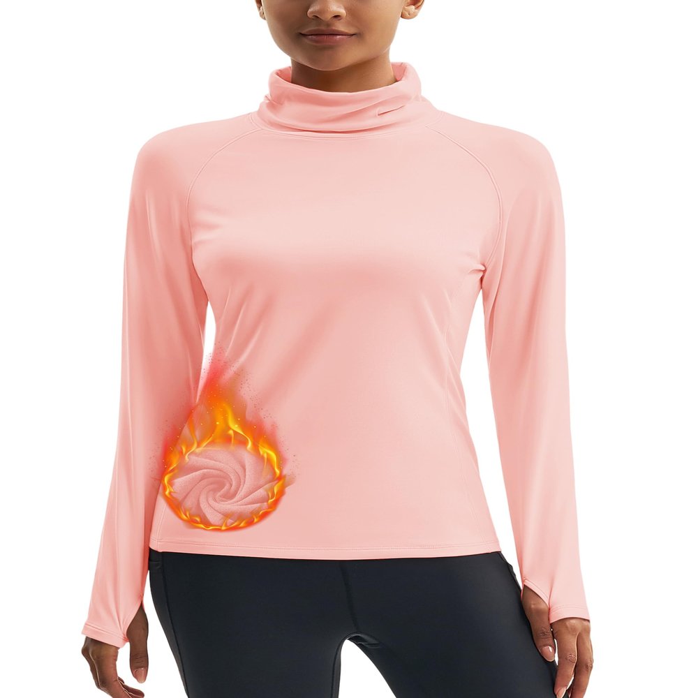 MAGCOMSEN Fleece Lined Thermals for Women Long Sleeve Undershirt Turtleneck Running Tops Thumbhole Cold Weather Pink L