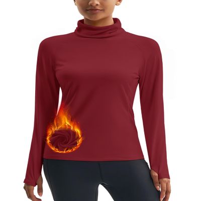 MAGCOMSEN Fleece Lined Turtleneck Women Thermal Shirts Warm Long Sleeve Running Tops Moisture Wicking Base Layer Red XL