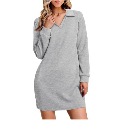 Fall Dresses for Women 2024 V Neck Tunic Dress Trendy Long Sleeve Loose Casual Sweatshirt Dress Pullover Midi Dress Gray