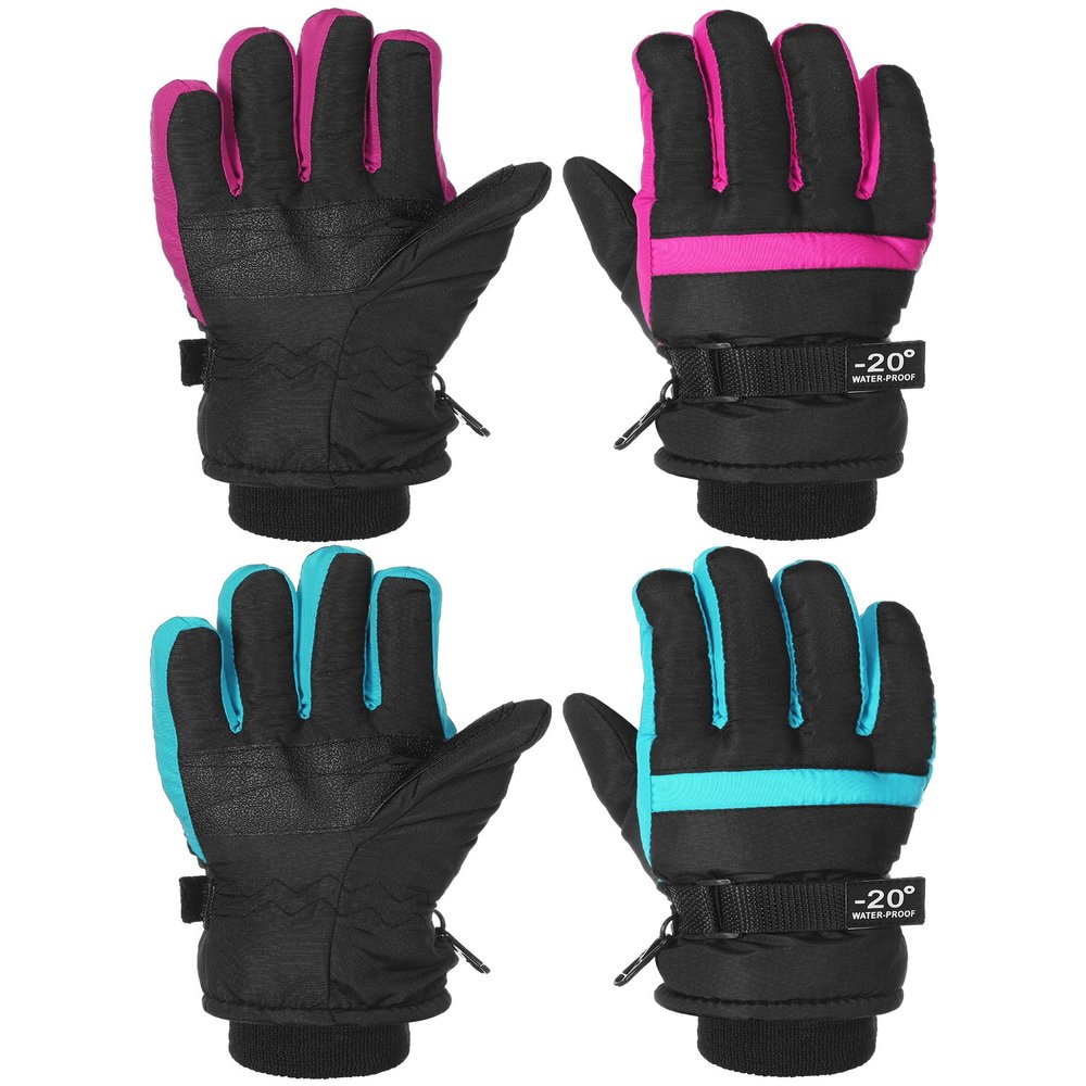 SATINIOR 2 Pairs Kids Waterproof Winter Snow Gloves Ski Gloves for Boy Girl Outdoor Warm Thickening Snowboard(Cyan, Rosarot,10-15 Years)
