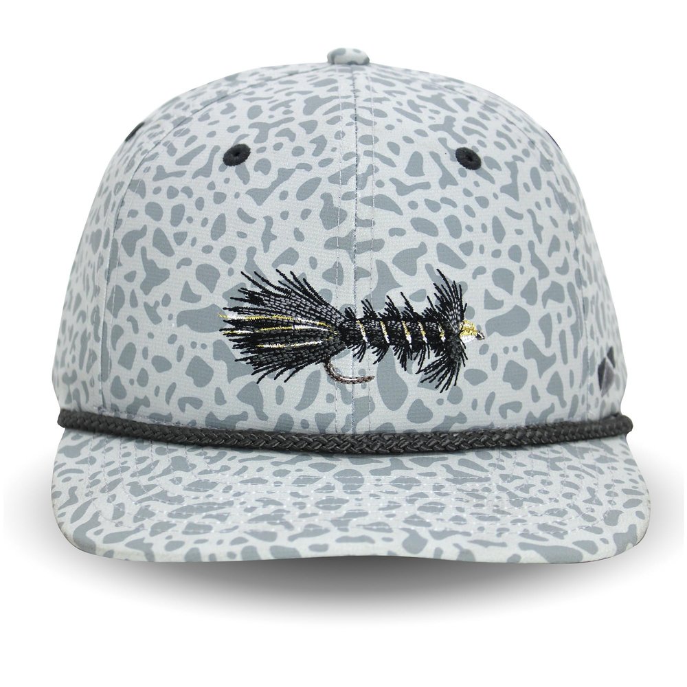 Paramount Outdoors Wooly Bugger Hat 6-Panel Fly Fishing Baseball Cap in Grey with Fish Skin Print Comfort Snap Quick Dry
