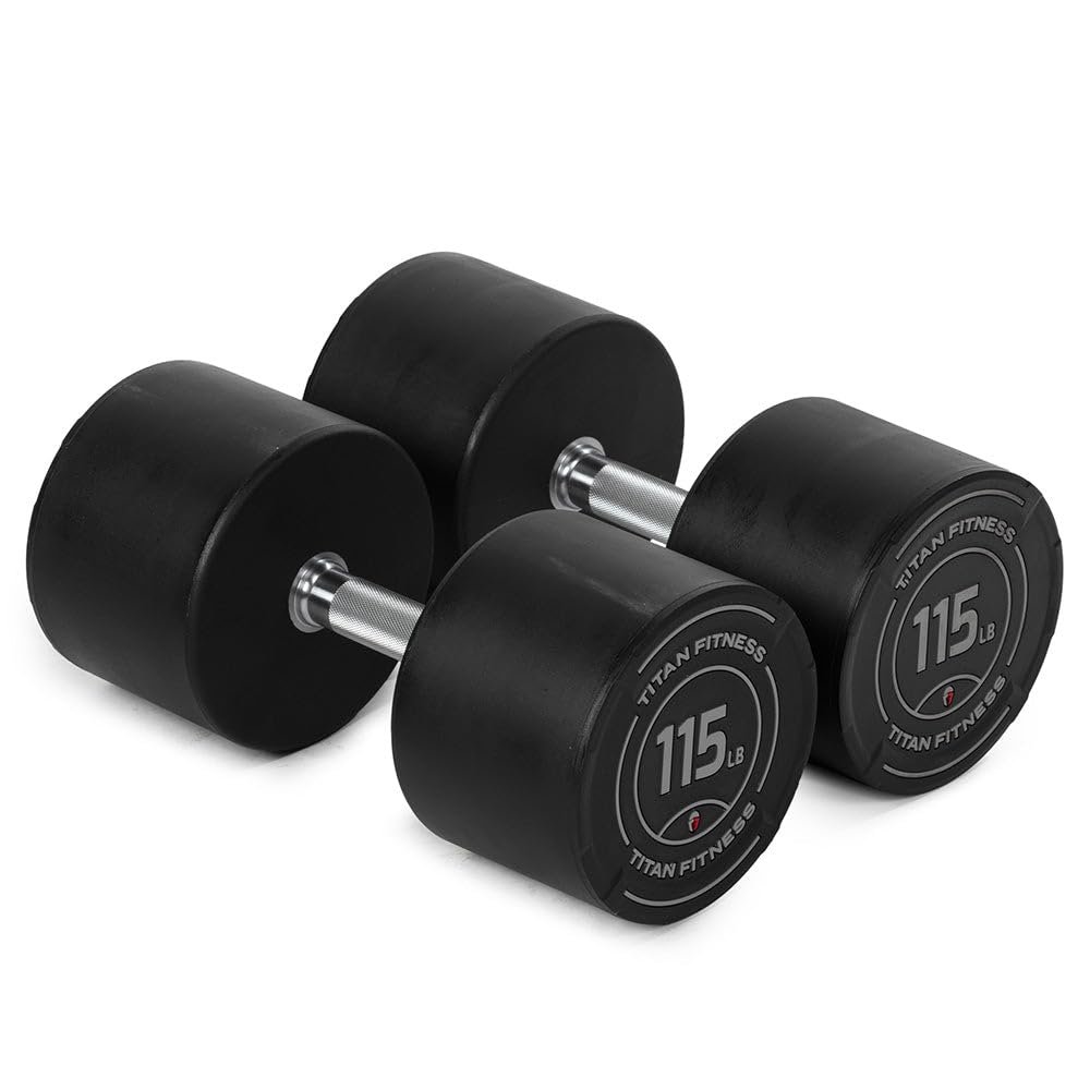 Titan Fitness 115 LB Set Round Urethane Dumbbells, Medium Volcano Knurling, 33mm Grip, Easy-to-Read Weight Indicators, Free Weights for Strength Training