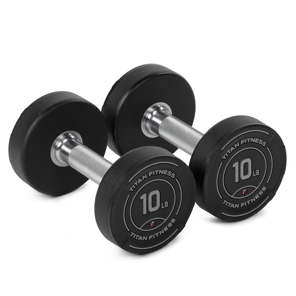 Titan Fitness 10 LB Set Round Urethane Dumbbells, Medium Volcano Knurling, 32mm Grip, Easy-to-Read Weight Indicators, Free Weights for Strength Training
