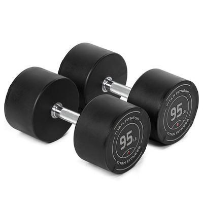 Titan Fitness 95 LB Set Round Urethane Dumbbells, Medium Volcano Knurling, 33mm Grip, Easy-to-Read Weight Indicators, Free Weights for Strength Training