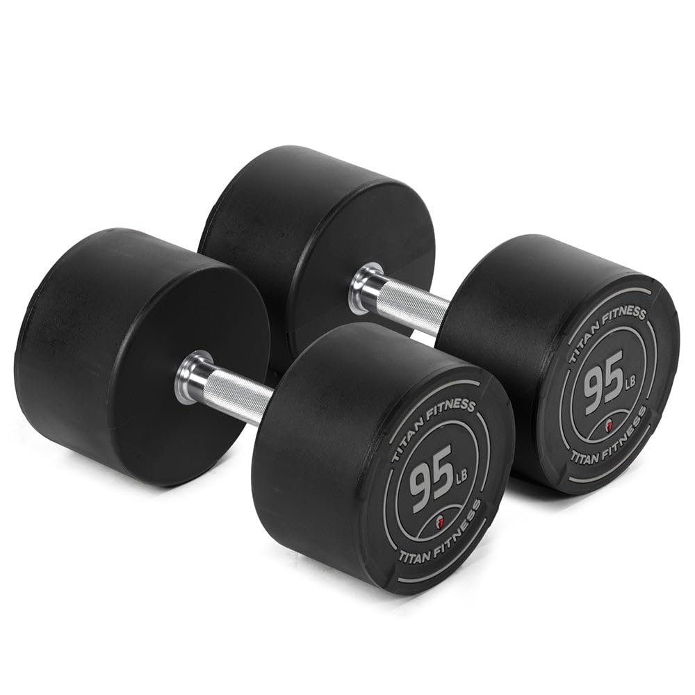 Titan Fitness 95 LB Set Round Urethane Dumbbells, Medium Volcano Knurling, 33mm Grip, Easy-to-Read Weight Indicators, Free Weights for Strength Training