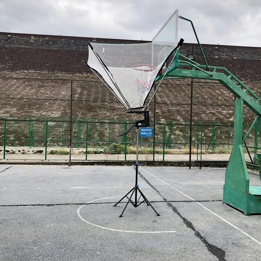 Freestanding Basketball Hoop Metal Ball Return Attachment, 180 Rotating Shot Trainer for Teens Youth Adults, Gym Home Yard Basketball Rebounder Net