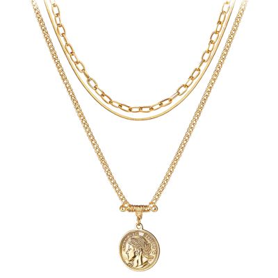 18K Gold Plated Layered Coin Necklace, Brass Chain With Double Strand Medallion Charm, 18.9 Inches Adjustable, Trendy Women'S Jewelry
