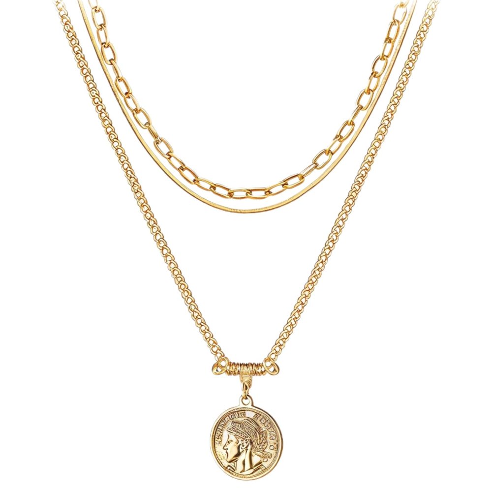 18K Gold Plated Layered Coin Necklace, Brass Chain With Double Strand Medallion Charm, 18.9 Inches Adjustable, Trendy Women'S Jewelry