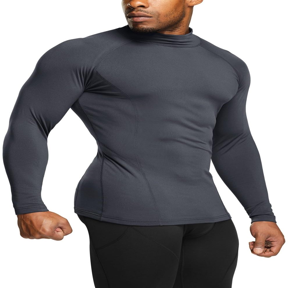 TSLA Men's Thermal Long Sleeve Compression Shirts, Mock/Turtleneck Winter Sports Running Base Layer Top, Heatlock Mock Neck Charcoal, Large