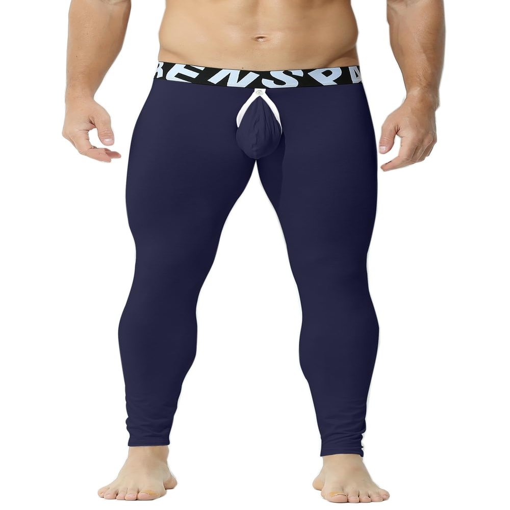 KAMUON Mens Removable Pouch Long Johns Thermal Underwear Pants Bottom Leggings (US, Alpha, Medium, Regular, Regular, Navy Blue)