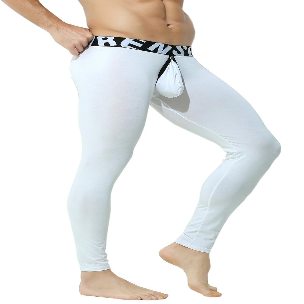 KAMUON Mens Removable Pouch Long Johns Thermal Underwear Pants Bottom Leggings (US, Alpha, Large, Regular, Regular, White)