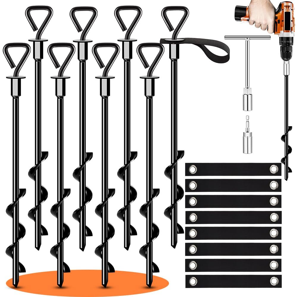 12 Pack Trampoline Stakes Ground Anchors Screw in Tent Stakes Heavy Duty for High Winds, Trampoline Anchors with Straps, Canopies, Carports, Sheds, Swing Sets,Mobile Home 14in Ground Anchors