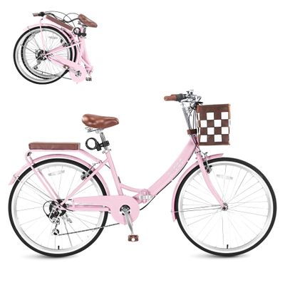 Foldable Beach Cruiser Bike for Women, 24/26 Inch Bikes for Women, 7 Speed Commute Bike with Basket Adult Womens Bicycles Folding Cruiser Bikes, City Commuting's Bicycle, Dual V-Brake